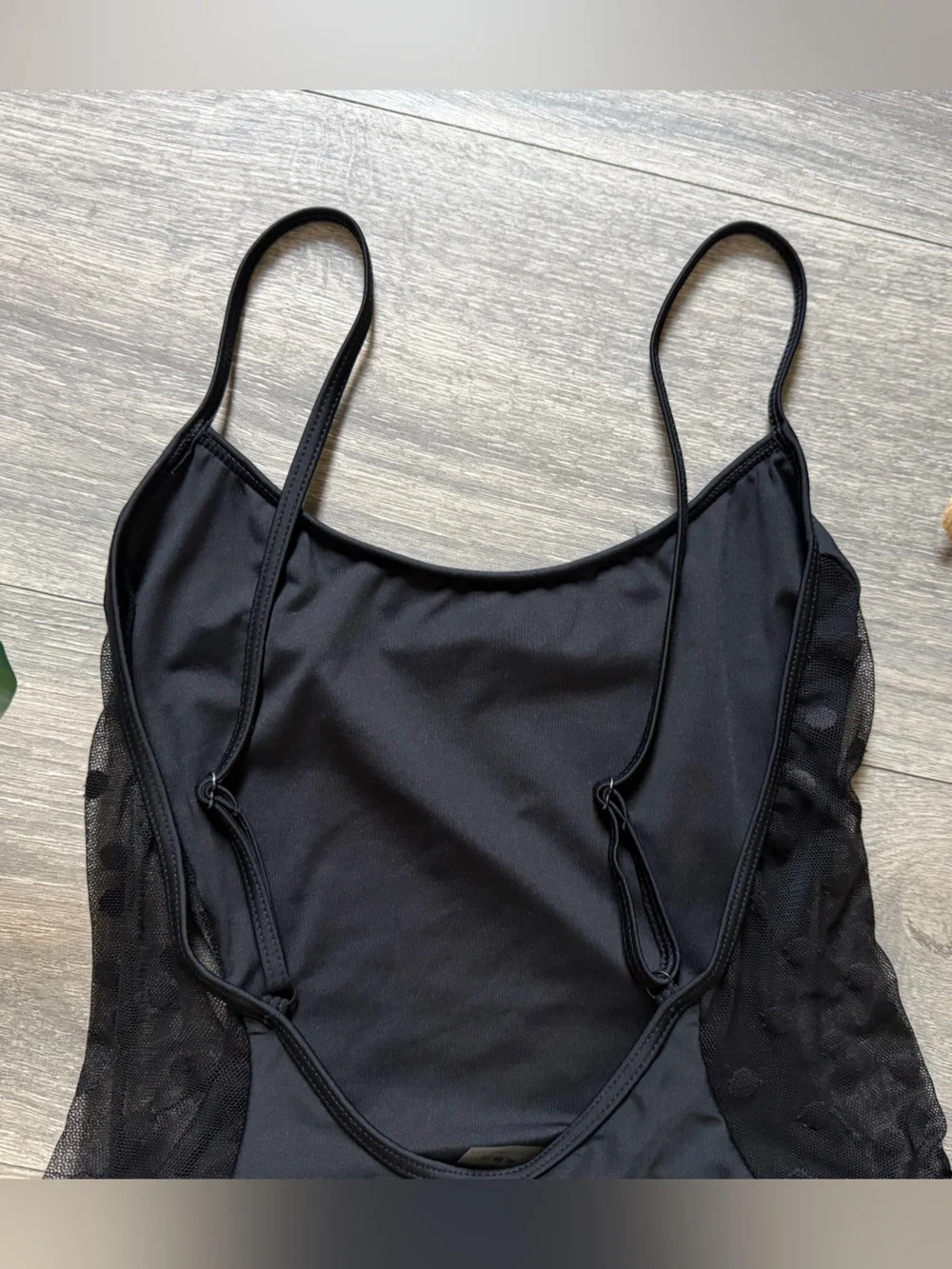 White Fox Swim Low Back Cheeky Black One Piece w Mesh Polka Dot Sides. Size S
